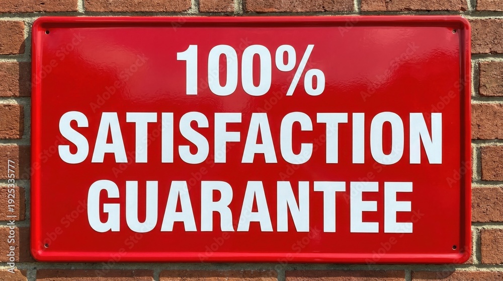 Obraz premium A vibrant red sign promoting a 100% satisfaction guarantee displayed prominently on a brick wall, emphasizing trust.