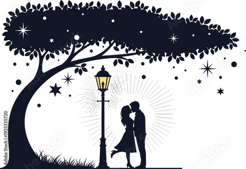 Romantic silhouette vector illustration of a young couple kissing under a large tree and vintage lamppost with twinkling stars for wedding invitation and valentines day design