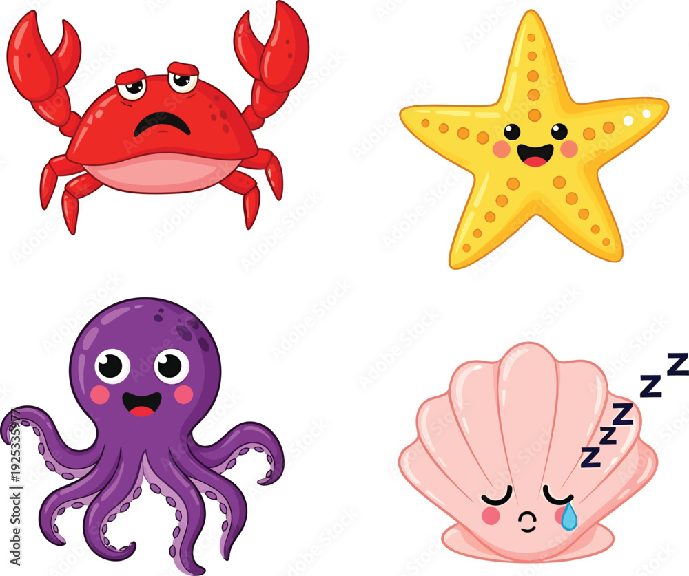 Obraz premium Cute Cartoon Sea Animals Vector Set - Crab, Octopus, Starfish, and Shell