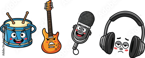 Cute Cartoon Musical Instruments Character Set: Happy Drum, Angry Electric Guitar, Singing Microphone, and Sad Headphones - Vector Illustration