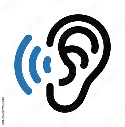 Vector of an ear with blue sound waves symbolizing hearing