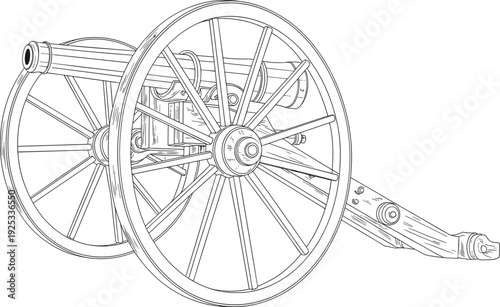 Detailed antique field cannon on wooden carriage with spoked wheels, black and white line art illustration for military history and education themes