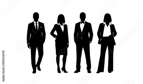 Four business people silhouettes in formal attire flat vector isolated on white