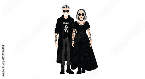 An elderly man and woman dressed in black gothic attire with tattoos and sunglasses stand together against a plain white background.