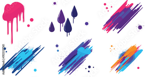 vColorful paint splatter and drip vector set featuring vibrant ink blots artistic brush strokes and creative spray paint elements for modern graphic design backgrounds