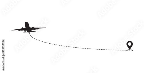 Airplane Flight Route Silhouette with Map Pin and Curved Dotted Line Vector Icon
