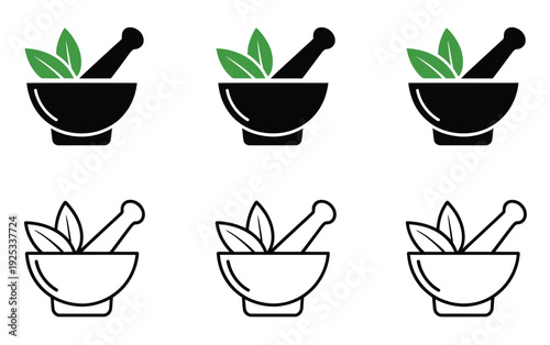 Herbal icon set, natural medicine symbols, mortar pestle, leaves, wellness, organic therapy, vector