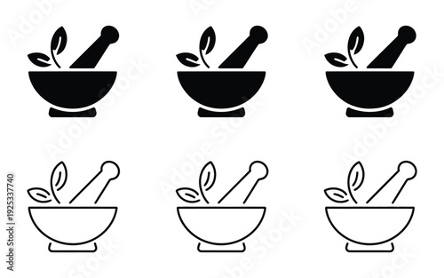 Herbal icon set, mortar and pestle, leaves, natural remedies, wellness, organic, flat vector
