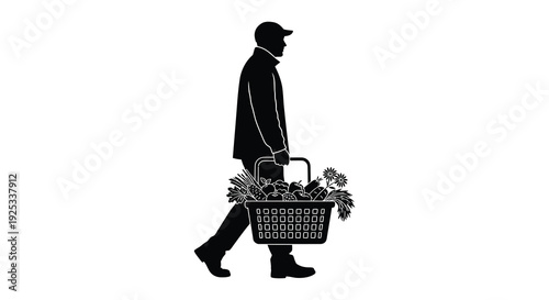 A man walks with a full shopping basket depicted in a stark black and white image silhouette