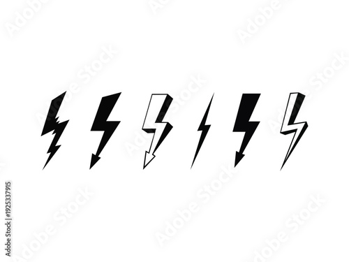 Collection of five lightning bolt icons in various styles and fills, representing energy, power, and speed.