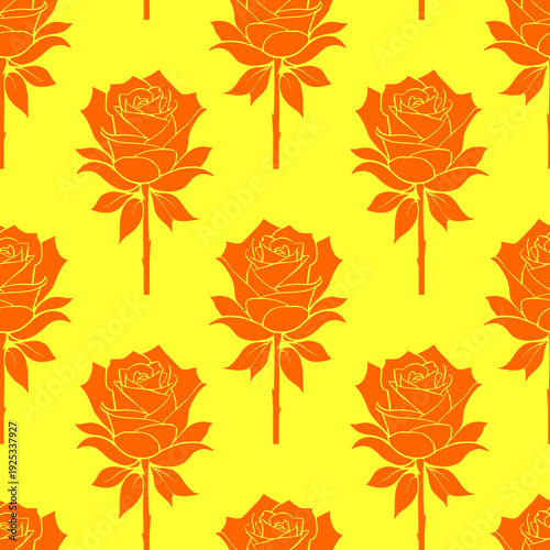 seamless graphic floral pattern orange roses on yellow background, texture, design