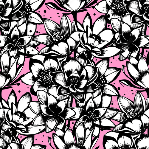 seamless pattern of black and white flowers on a pink background, texture, design