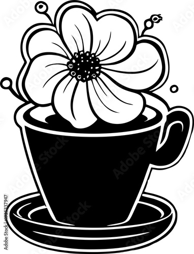 black graphic drawing of a cup of coffee and a flower, decorative element, logo, design