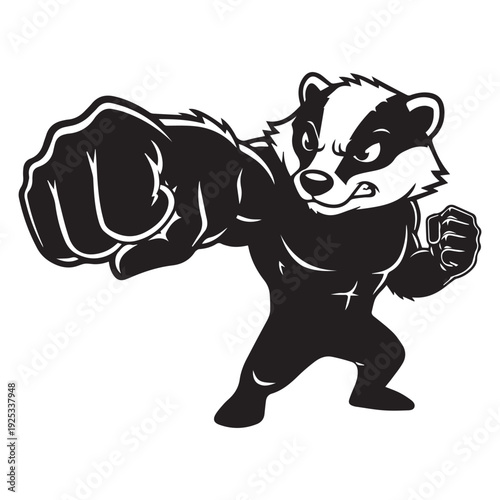 Aggressive Badger Cartoon Character in Fighting Stance, Black and White Illustration