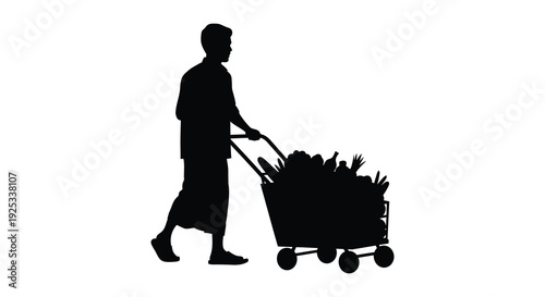 A man is shown walking with a full shopping cart demonstrating a common daily activity silhouette high quality