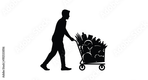 A man pushing a full shopping cart is depicted in a striking black silhouette high quality professional detailed