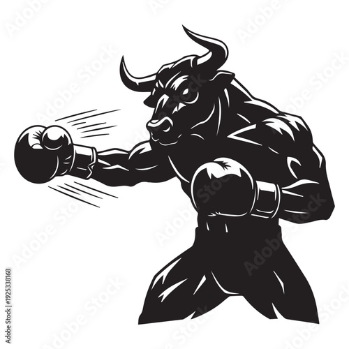 Black Bull Boxing with Gloves in Fighting Stance, Powerful Illustration