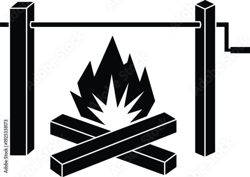 Black and white flat vector illustration of a traditional campfire with burning wooden logs, a roasting spit, and a handle.