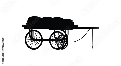 A stark black silhouette depicts a horse drawn wagon filled with hay bales evoking a rural scene silhouette