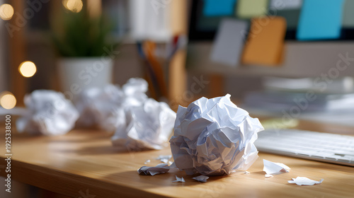 Crumpled paper balls on a wooden desk in a blurred office background, representing writer's block, creativity, brainstorming, and failed ideas in a workspace.