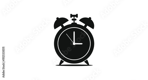 A striking black silhouette of a classic alarm clock with a single hand pointing to a specific time silhouette