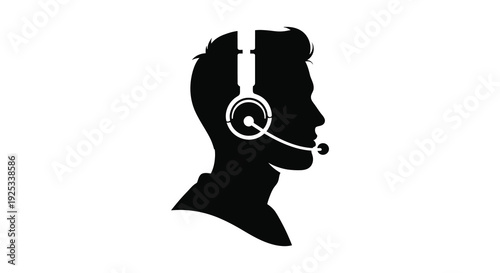 A striking black silhouette depicts a man wearing a headset communicating likely in a customer service role silhouette