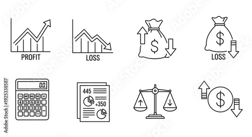 Financial Icons Representing Profit Loss and Calculation.