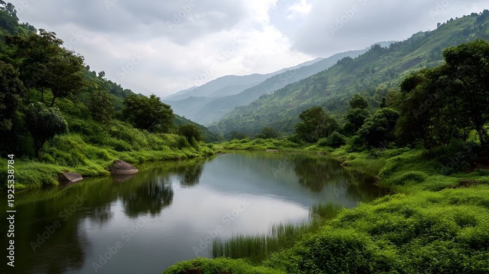 Fototapeta premium Lush green hills surround a tranquil lake with reflections under a cloudy sky