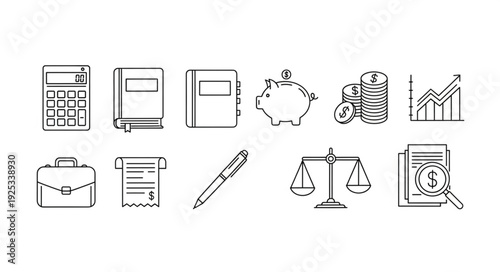 Financial business icons set for accounting and investment planning.