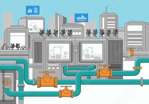 A futuristic city integrates vertical farms and hydroponics with advanced technology. Modern, clean design showcases sustainable urban development.  Bright, stylized illustration.