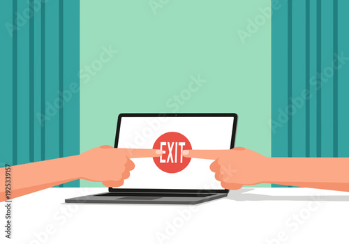 Hands enforce a laptop shutdown boundary, creating a digital disconnect. Clean, modern illustration with a bright teal background. Perfect for tech, productivity, and work-life balance concepts.