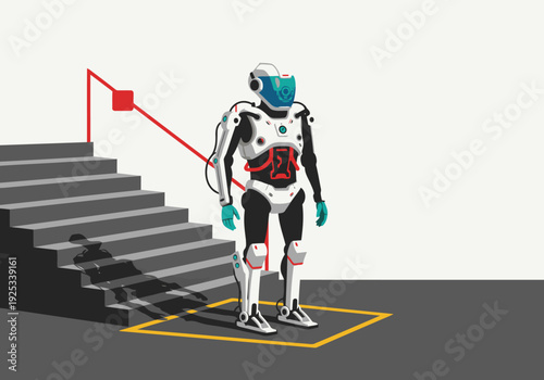 A futuristic digital twin exoskeleton robot ascends stairs, showcasing a digital model overlay. Modern, tech-focused, and visually striking.