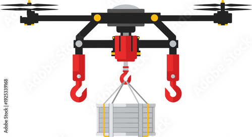 A heavy lift drone securely carries a cargo crate. Modern, industrial design. Ideal for logistics, technology, and delivery concepts.