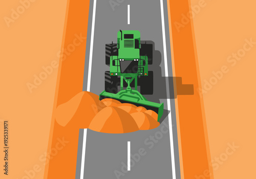 A green tractor clears sand from a highway, creating a clear path.  Bright, illustrative style.  Ideal for road construction or agriculture concepts.