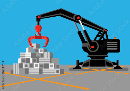 A heavy metal robot sorts concrete blocks with precision. Industrial, modern, and visually striking. Perfect for tech, construction, and automation themes.