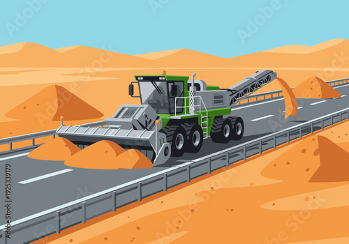 A heavy-duty sand clearing machine works on a desert highway. The vibrant green machine spreads sand, creating a smooth road surface. Clear, bright, and professional.