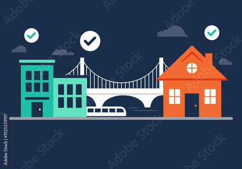 Illustrates hybrid work success ? a modern cityscape merging with a cozy home, symbolizing balanced life and professional achievement. Clean, vibrant design.