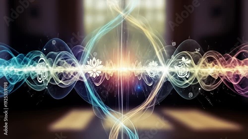 Abstract representation of energy waves with lotus flowers and symbols, creating a serene atmosphere