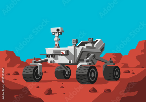 Mars Rover Desert Explore. A stylized Mars rover explores a red Martian landscape. Modern, clean design with a bright blue backdrop. Ideal for science, space, and technology themes.