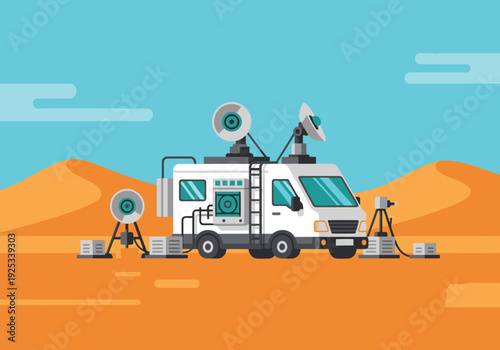 A mobile desert research lab sits amidst orange dunes. Modern design, bright colors, and a clear composition make this image ideal for science, technology, and exploration themes.