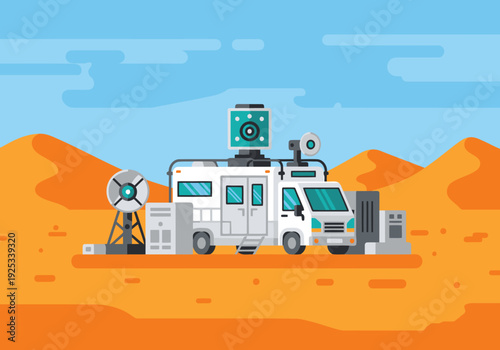 A mobile desert lab explores the dunes. Modern equipment and a rugged vehicle showcase scientific research in a vast, arid landscape.  Clean, flat design.