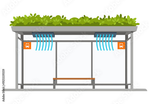 Modern bus stop with green shade and digital display. Clean design, urban setting, ideal for travel and transportation themes.