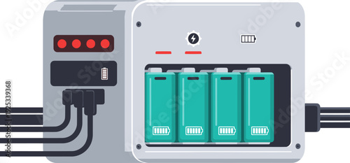 A modern drone battery swap station showcases multiple batteries. Clean design, bright lights, and detailed components highlight efficient technology. Ideal for tech illustrations.