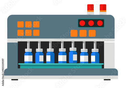 A modern pharma pill sort robot efficiently sorts blue bottles on a white conveyor belt. Clear, bright, and professional. Ideal for tech, healthcare, and automation visuals.