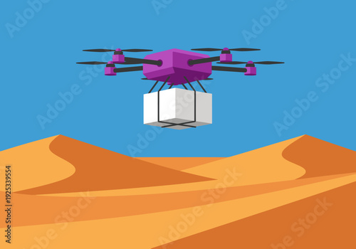 A purple cargo drone delivers a package over a desert landscape. Modern, vibrant illustration. Ideal for tech, logistics, and delivery themes.