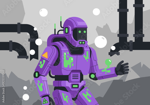A purple exoskeletal robot navigates a toxic wasteland, showcasing a dystopian disaster scene. Bold colors and detailed textures create a striking, futuristic image.