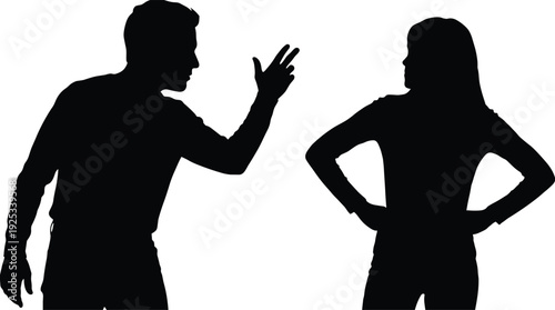 Silhouette of a couple in a heated argument with a man gesturing aggressively and a woman standing with hands on hips.