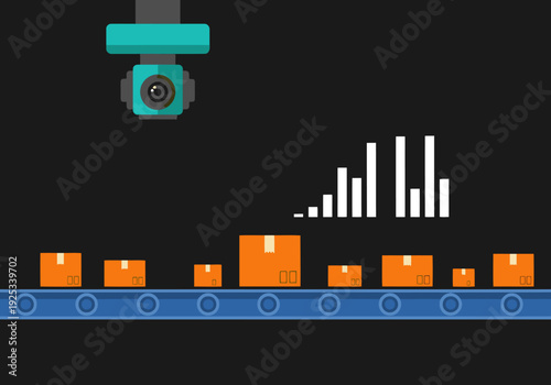 Smart vision sort tech analyzes boxes on a conveyor belt. A digital display shows a bar graph representing sorting results. Modern, clean, and efficient.