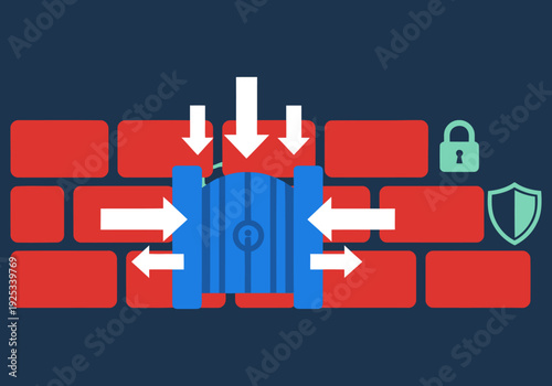 A stylized cyber firewall graphic protects digital data. Bold red and blue colors create a strong visual barrier. Secure icons reinforce data safety.