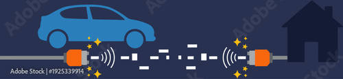 A stylized illustration depicts bidirectional V2H cable tech connecting a car and a house, showcasing wireless energy transfer. Modern, clean design for tech and automotive visuals.